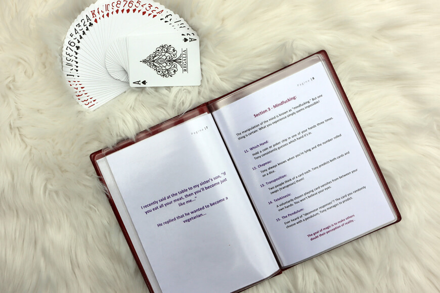 A photo of the menu card of Magic à la carte, featuring various tricks for people to choose from.